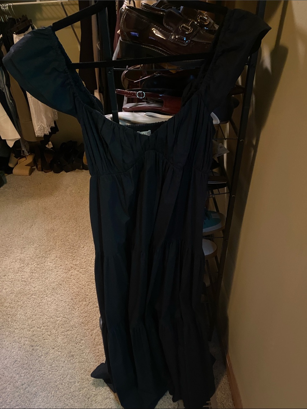Abercrombie & Fitch Black Off-Shoulder Tiered Maxi Dress with Ruching